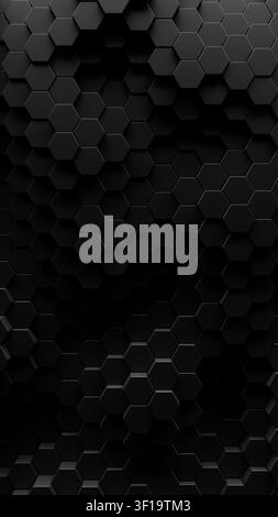 3d render of geometric tech pattern or dark abstract hexagon background. Smooth black honeycomb shapes for dark shadowy backgrounds. Stock Photo