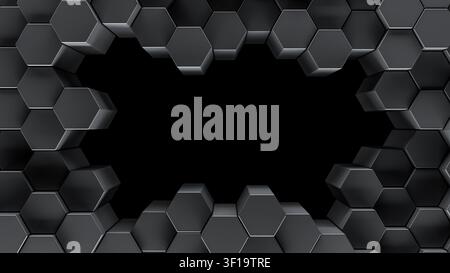 Border of patterned gray hexagons with empty center frame. Array of 3d rendered hex shapes creating a shiny frame for futuristic, scientific, or techn Stock Photo