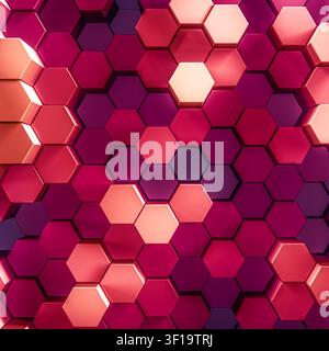 3d rendered background of patterned hexagons in vivid saturated pink and red colors. Three dimensional hex shapes in geometrical patterns for vibrant Stock Photo