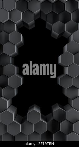 Border of patterned gray hexagons with empty center frame. Array of 3d rendered hex shapes creating a shiny frame for futuristic, scientific, or techn Stock Photo