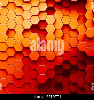 Honeycomb background of patterned hexagons in warm colors. Random array of 3d rendered hex shapes creating a red hot connected pattern. Abstract red a Stock Photo