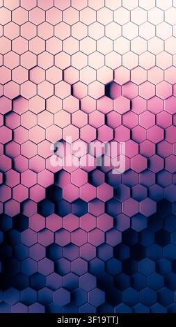 Smooth honeycomb background of patterned hexagons. Mosaic array of 3d rendered hex shapes creating a random connected pattern. Abstract pink and purpl Stock Photo
