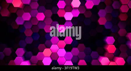 3d rendered background of patterned hexagons in vivid saturated pink and purple colors. Three dimensional hex shapes in geometrical patterns for vibra Stock Photo