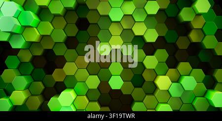 3d rendered background of patterned hexagons in vivid saturated green and yellow colors Three dimensional hex shapes in geometrical patterns for vibra Stock Photo