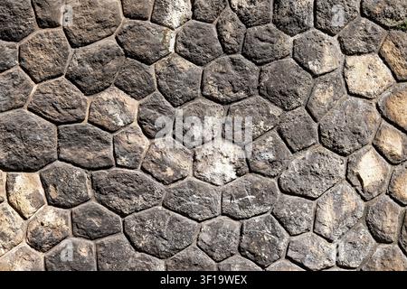 Close-up of a rustic wall built from irregular natural stones, creating a detailed rock texture background for architecture, construction, and design Stock Photo