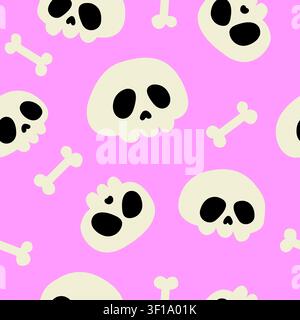 Cute skulls and bones seamless pattern vector illustration. Cartoon creepy human skeleton head repeating background on isolated pink. Funny spooky halloween texture for kids fabric, wrapping paper Stock Vector
