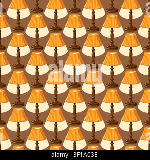 Seamless pattern with orange lamps and warm light on brown background. Cartoon vector cozy interior background Stock Vector