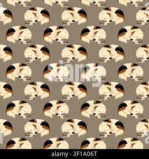 Seamless pattern with sleeping dog and hedgehog on taupe background. Cartoon vector cozy animal background Stock Vector