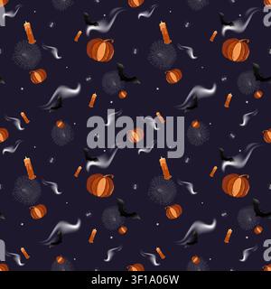 Seamless paatern halloween with pumpkin, bat, candles, pattern background, halloween pattern seamless background, orange pumpkins, violet color Stock Vector