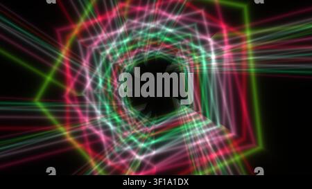 Colorful geometric shapes create the illusion of a tunnel. Vibrant lines in red, green, and white converge at the center, forming a captivating visual Stock Photo