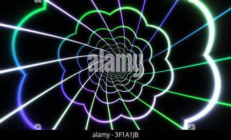 Bright neon lines form a spiral pattern against a black background. The colors include blue, green, and purple, creating a vibrant and dynamic visual. Stock Photo