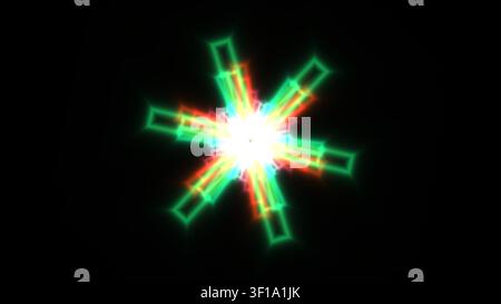 This artwork features a colorful geometric design with star-like shapes radiating from a central point against a black background, creating a vivid vi Stock Photo