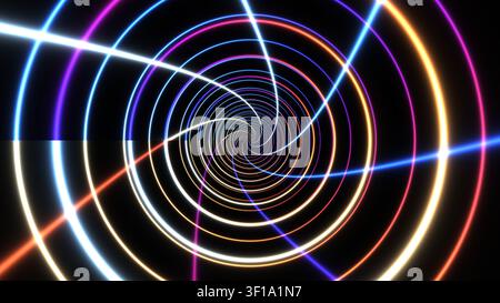 This image presents a vibrant spiral design created by bright, circular lines in various colors. The dark background enhances the glow of the lights, Stock Photo