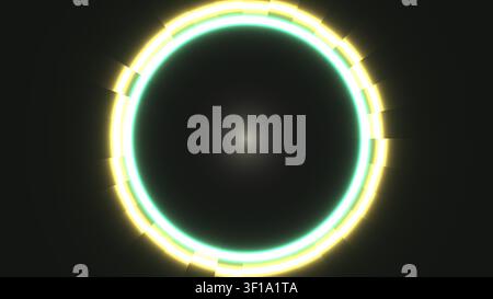 A circular design features lines of light in green and yellow against a dark background. The lines create a striking visual effect with a central glow Stock Photo