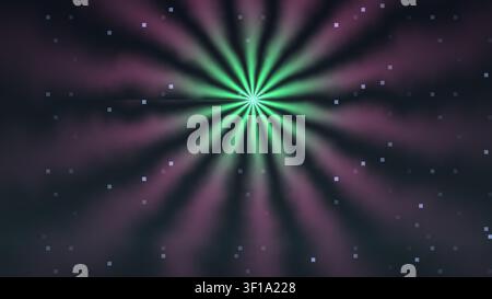 A starburst pattern with rays extending outwards. The colors blend from green to purple, creating a dynamic design. Small squares float in the backgro Stock Photo