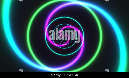 Bright spiral shapes in neon blue, green, and pink colors create a dynamic visual effect against a dark background, suitable for various commercial us Stock Photo