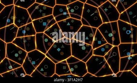 A digital design featuring a network of glowing lines forming a geometric pattern. Various shapes are scattered throughout a dark background. The comp Stock Photo