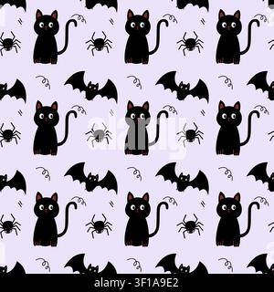 Halloween seamless pattern with cute black cat, bat and spider, spooky holiday vector background for fabric and wrapping paper Stock Vector