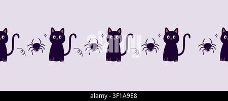 Halloween horizontal seamless border with cute black cat and spider, spooky holiday vector pattern for masking tape and packaging Stock Vector