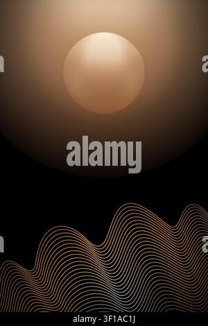 Abstract boho sun and golden wave lines on dark background, luxury minimalist wall art poster design. Stock Vector