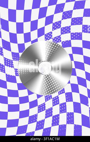 Retro Y2K aesthetic background with metallic CD compact disc and distorted checkerboard pattern, halftone vector poster. Stock Vector