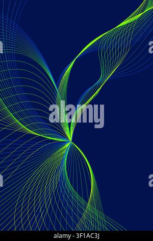 Abstract futuristic neon green and blue flowing lines background, dynamic digital network connection wave on dark blue backdrop. Stock Vector