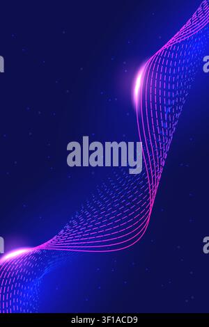 Abstract futuristic neon pink 3D wave lines background, dynamic digital big data flow on dark blue space backdrop. Stock Vector