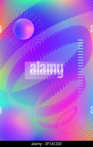 Abstract holographic fluid gradient background with 3D morphing shapes and spirograph ring, modern Y2K poster template. Stock Vector
