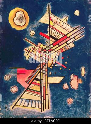 Dark Freshness / Dunkle Kühle, 1927, by Wassily Kandinsky. Oil on canvas, abstract geometric composition featuring a central vertical network of intersecting lines, grids, and red, yellow, and white linear elements, with a yellow circular form in the upper left corner and organic shapes across a deep blue background Stock Photo