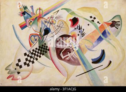 Wassily Kandinsky – Composition No. 224 (On White I), 1920. Oil on canvas. Abstract composition featuring floating biomorphic and geometric forms, a prominent black and white checkerboard pattern on the left, a large brown central shape with white linear markings, dynamic intersecting multicolored linear stripes, and fine black lines on a cream background Stock Photo
