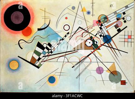 Wassily Kandinsky – Composition VIII (Komposition VIII), 1923. Oil on canvas. Abstract composition featuring an orchestrated arrangement of geometric shapes, including a prominent black circular disk with a red halo in the upper left corner, sharp intersecting triangles, checkerboard patterns, diverse circular forms, and crisp linear configurations on a cream background Stock Photo