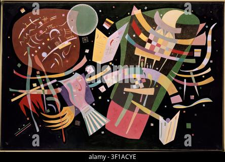 Wassily Kandinsky – Composition X (Komposition X), 1939. Oil on canvas. Abstract composition featuring floating multicolored geometric and biomorphic forms, a prominent large brown circular area with linear marks on the left, an open book-like object, and a textured green moon-like crescent on an intense black background Stock Photo