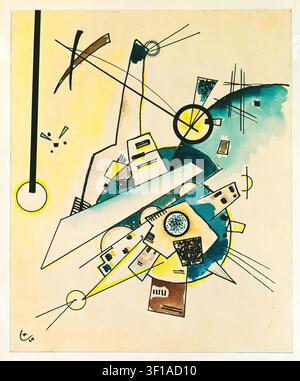 Wassily Kandinsky – Composition, 1924. Watercolor and ink on paper. Abstract geometric Bauhaus composition featuring a complex central arrangement of intersecting black lines, sharp triangular wedges, a large yellow and black circular target disk, and a sweeping teal fluid color wash on a pale background Stock Photo