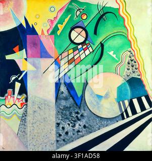 Wassily Kandinsky – In the Bright Oval (Im hellen Oval), 1925. Oil on canvas. Abstract geometric Bauhaus composition featuring a central large gridded panel segment, a prominent circular globe disk on the right, sharp triangular peaks, black sweeping linear elements, and floating multicolored geometric forms against a vibrant green and yellow background Stock Photo