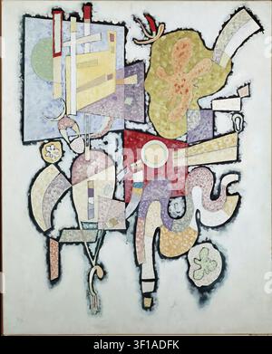 Wassily Kandinsky – Simple Complexity (Complexité simple), 1939. Oil on canvas. Abstract composition featuring floating biomorphic and geometric configurations, with checkered patterns, an organic textured green form filled with red marks, thin vertical bands, a central red triangle with a yellow circle disk, and fine sweeping lines on a pale background Stock Photo