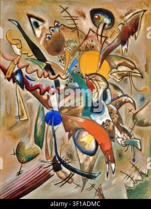 Wassily Kandinsky – Picture with Spikes (Bild mit Spitzen), 1919. Oil on canvas. Abstract composition with Expressionist elements, featuring a central dark vortex of intersecting sharp linear structures, a prominent red crescent hoop, textured stippled spots, and floating colorful biomorphic configurations on an ochre background Stock Photo