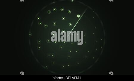 A dark circular pattern features bright glowing dots arranged in various sizes. Thin lines connect some of the dots, creating a web-like effect agains Stock Photo