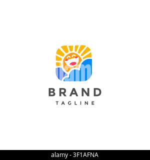 Cute Sun Laughing Happily Behind Clouds Logo Design. Sun Shines Laughing Among Clouds Logo Design. Stock Vector