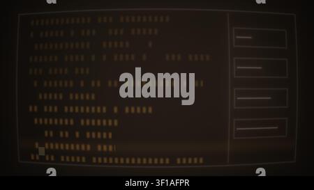 A dark screen displays glowing text and binary code in a structured layout. The background creates a tech-inspired atmosphere, suitable for digital th Stock Photo