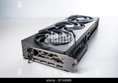 Modern High Performance Graphics Card for Gaming PC Build Isolated on White Background View Stock Photo