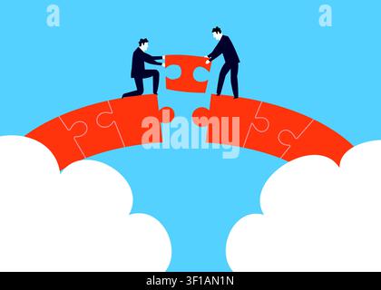 Flat vector illustration of a business team connecting puzzle pieces to build a bridge, symbolizing teamwork, collaboration, partnership, and success. Stock Vector