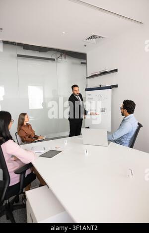 Team listening to leader presenting strategy on flipchart Stock Photo