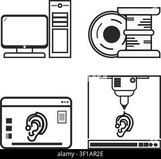 This graphic illustrates the digital workflow of 3D printing from computer aided design and filament preparation to the final additive manufacturing. Stock Vector