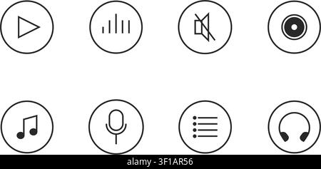 A collection of minimalist circular user interface icons for audio playback, sound control, track lists, and music equipment. Stock Vector