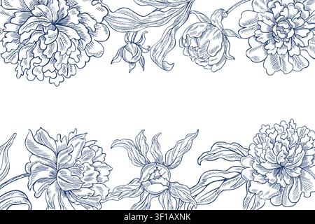 Peony flower frame. Vector, graphic illustration in blue. Hand-drawn. On a white background. For postcards, invitations, greetings, and weddings. For Stock Vector
