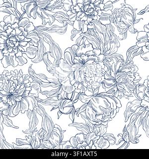 Seamless pattern of peony flowers. Vector, graphic illustration in blue. Hand-drawn. On a white background. For textiles, tablecloths, and wallpaper Stock Vector