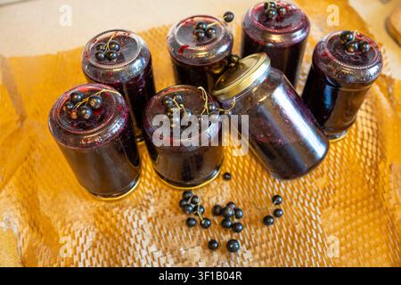 Homemade Black Currant Jam in Glass Jars with Fresh Berries on a Wooden Table, Traditional Sweet Preserve Made from Seasonal Harvest Stock Photo