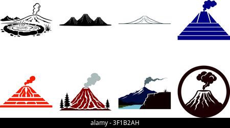 A varied volcano illustration collection featuring erupting mountains, smoking volcanic peaks, lava formations, crater landscapes, geothermal scenes. Stock Vector