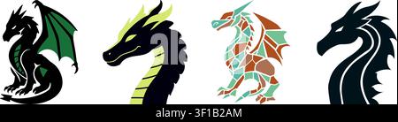 A fantasy illustration set featuring stylized dragon designs. Stock Vector