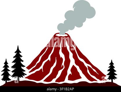 Flat illustration of a red volcanic mountain erupting gray smoke with pine trees on both sides Stock Vector